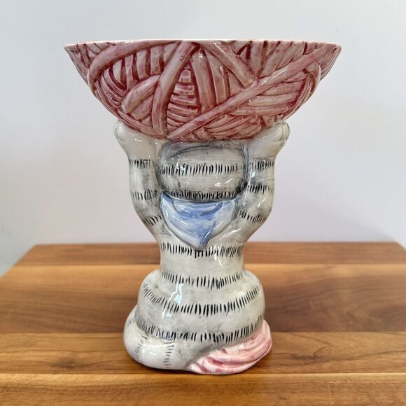 Vintage Kitty Cat Gray Tabby Kitten Yarn Ball Holder Bowl OCI Fitz & Floyd FLAWS - Picture 3 of 15